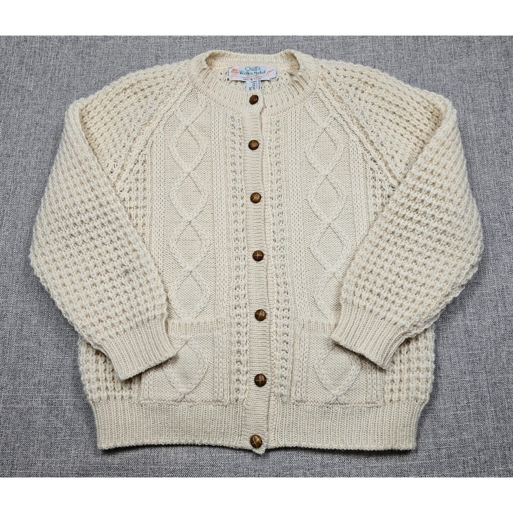 Quill's Woollen Market Sweater Womens XL White Wool Aran Cardigan Irish Knit